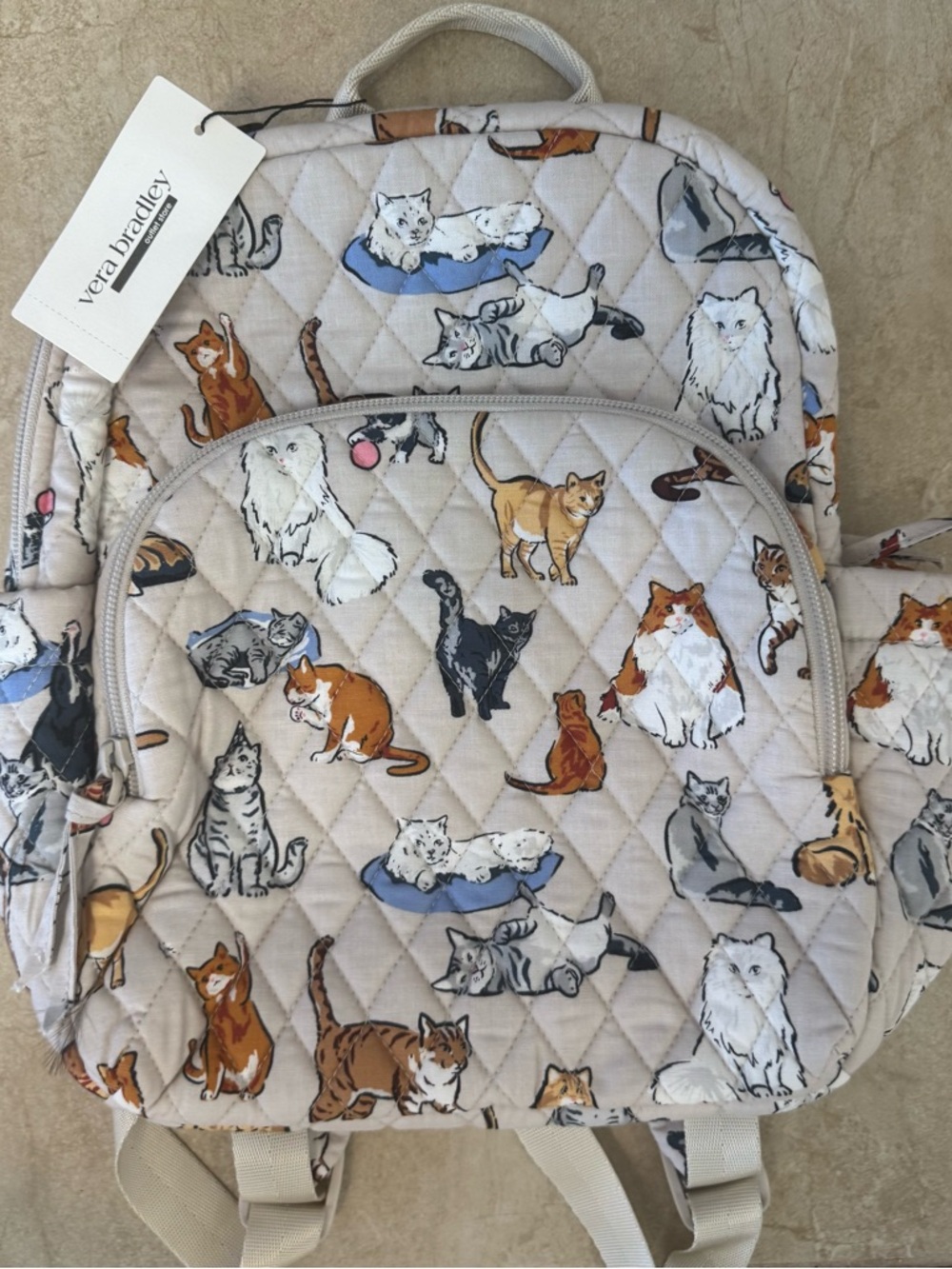 Vera Bradley Beige Quilted Backpack with Multicolor Cat Print - Picture 3 of 8